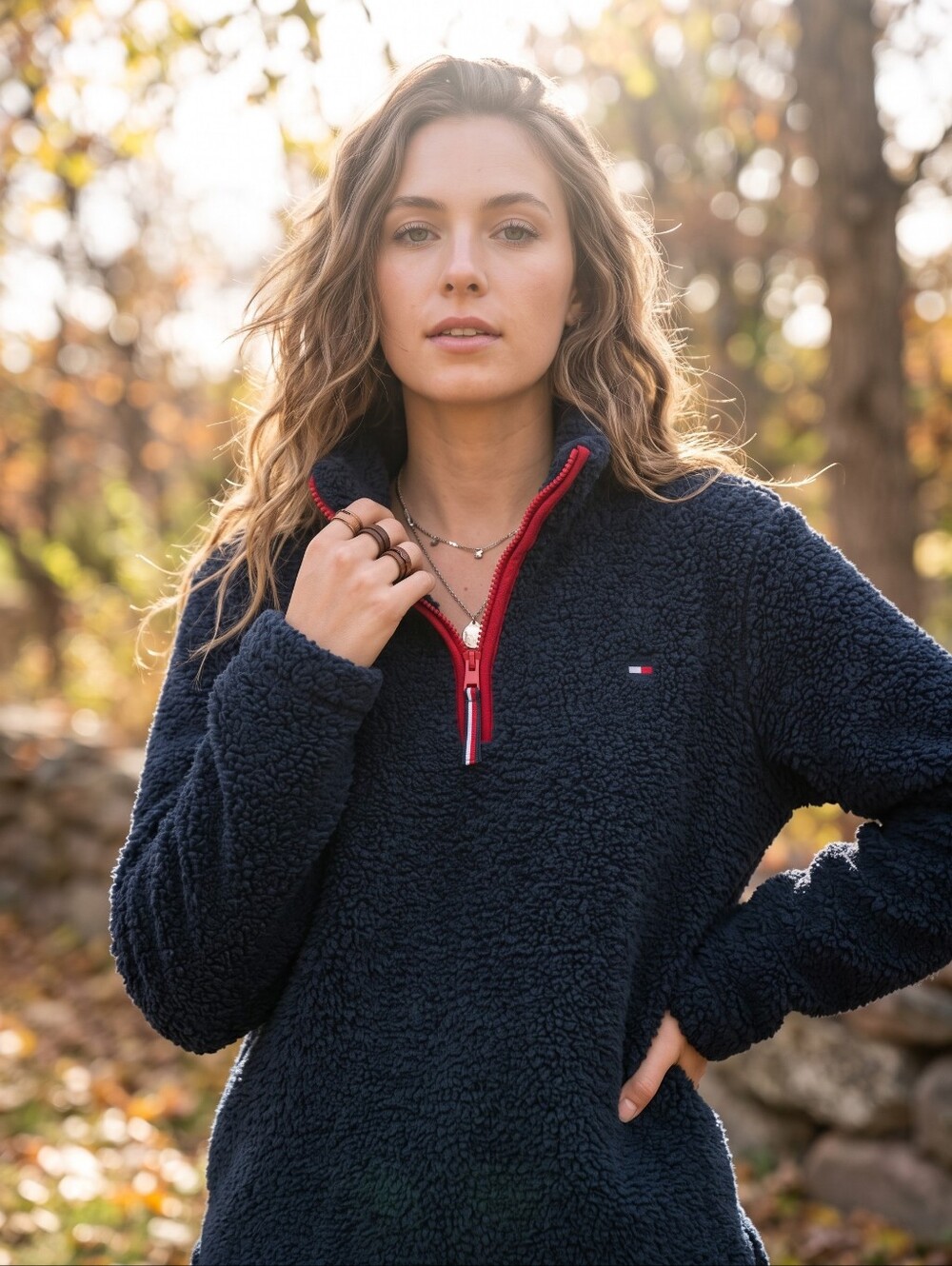 Tommy Hilfiger Navy Sherpa Fleece Quarter Zip Cabincore Gorpcore Teddy Pullover